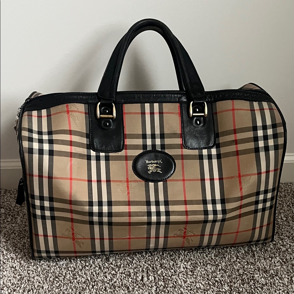 Burberry Beige and Black Plaid Duffel Bag